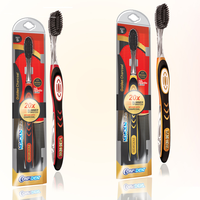 مسواک کانفیدنت مدل Golden Charcoal با برس نرم مجموعه 2 عددی