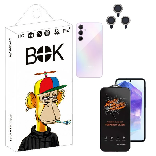 محافظ صفحه نمایش بوک مدل Antistatic Touch مناسب برای گوشی موبایل سامسونگ galaxy a35 به همراه محافظ لنز نگینی 
