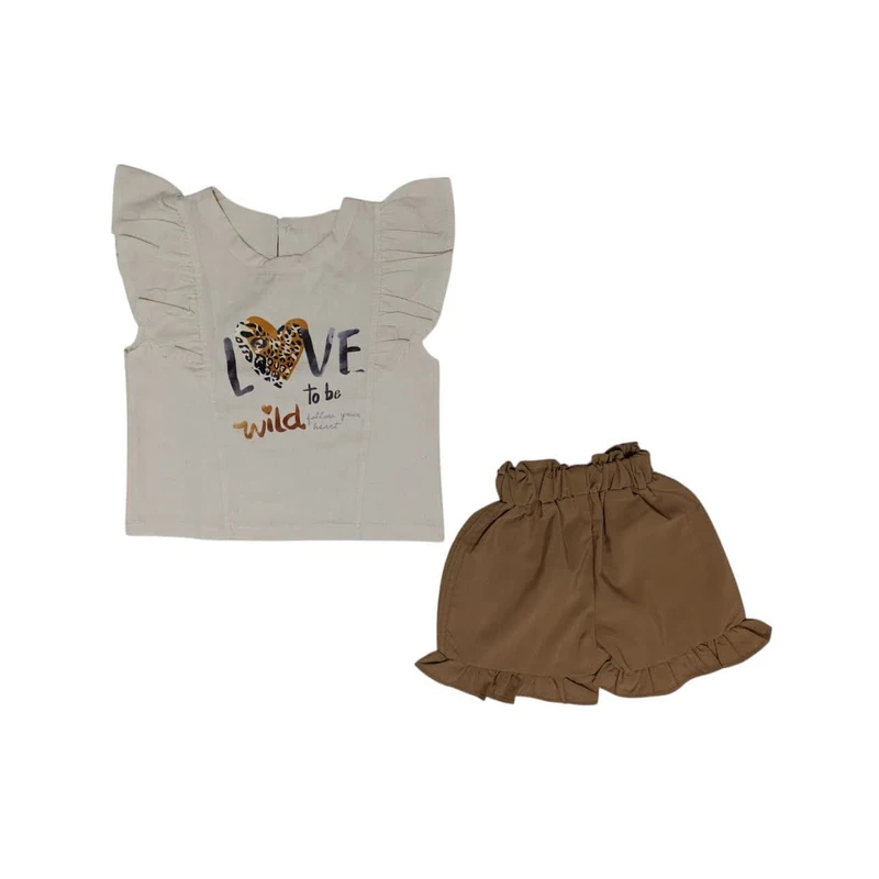 ست تی‌شرت آستین کوتاه و شلوارک دخترانه مدل لاو  رنگ کرم