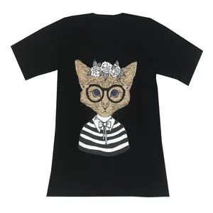 تی شرت لانگ  آستین کوتاه زنانه مدل گربه رنگ مشکی