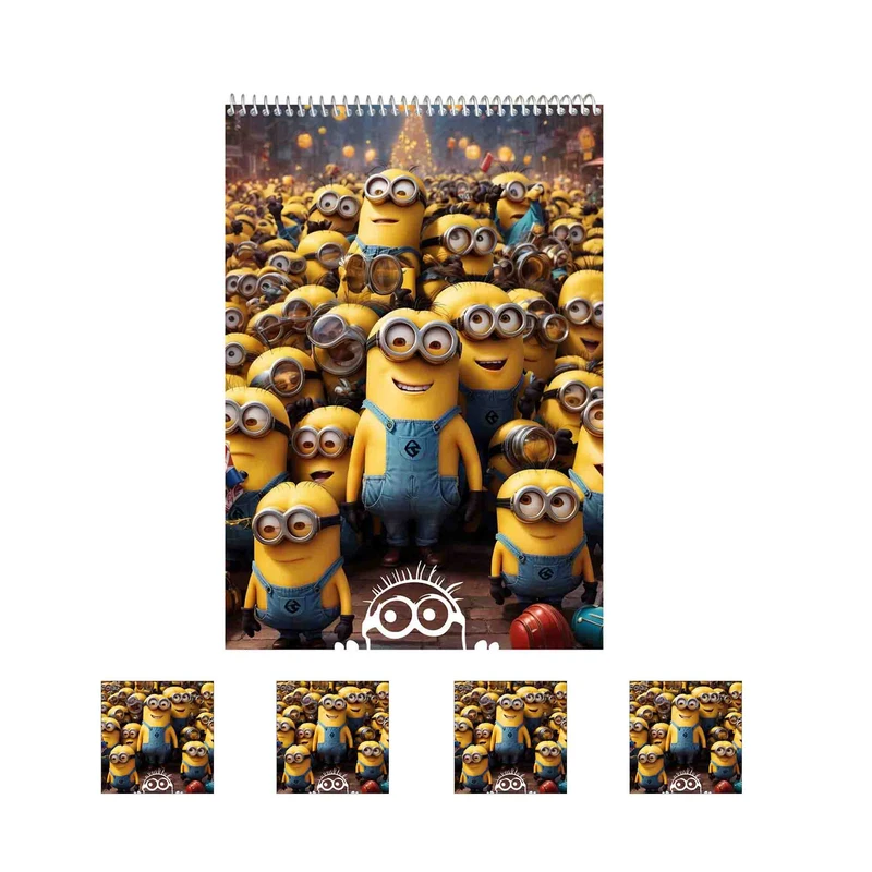 دفتر نقاشی 50 برگ مدل مینیون‌ها کد 2 به همراه برچسب مجموعه 5 عددی