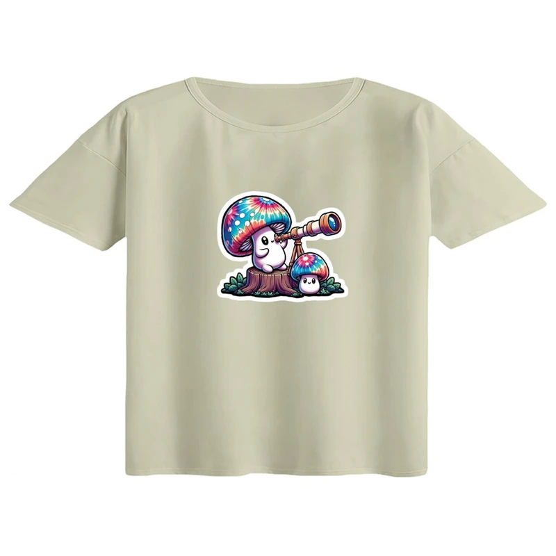 کراپ تی‌شرت آستین کوتاه زنانه مدل قارچ رنگی کد 01 رنگ کرم