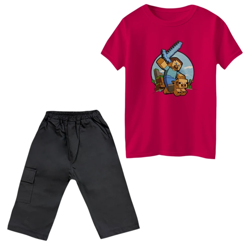 ست تی‌شرت و شلوارک پسرانه مدل ماینکرفت کد 20 رنگ سرخابی