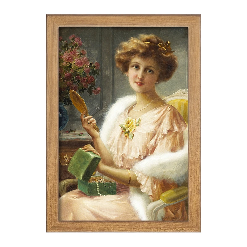 تابلو خندالو مدل نقاشی بانویی جوان با یک آینه اثر امیلی ورنون کد F12215