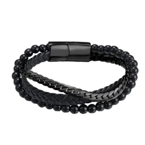 دستبند مردانه مدل زنجیر استیل چرم مهره دار اونیکس