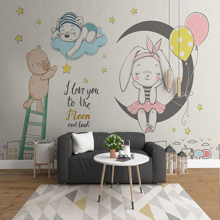 پوستر دیواری اتاق کودک مدل نقاشی خرگوش ماه خرس DVRF1682