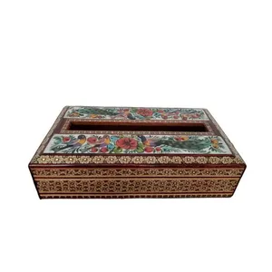 جعبه دستمال کاغذی خاتم کاری مدل گل و مرغ کد 009