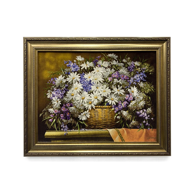 تابلو فرش دستباف طرح گل بابونه سبد حصیری کد 029