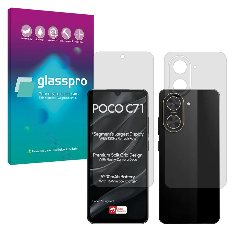 محافظ صفحه نمایش شفاف گلس پرو مدل Resistant مناسب برای گوشی موبایل شیائومی Poco C71 به همراه محافظ پشت گوشی