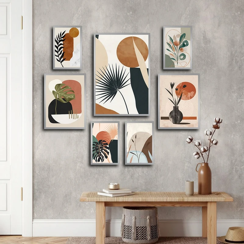 تابلو بکلیت طرح نقاشی مینیمال برگ و خورشید مدل SI-3870 فریم نقره ای مجموعه 7 عددی