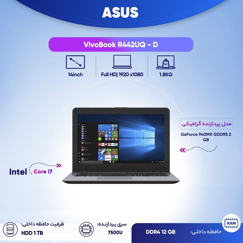 لپ تاپ 14 اینچی ایسوس مدل VivoBook R442UQ - D لپ تاپ 14 اینچی ایسوس مدل VivoBook R442UQ - D