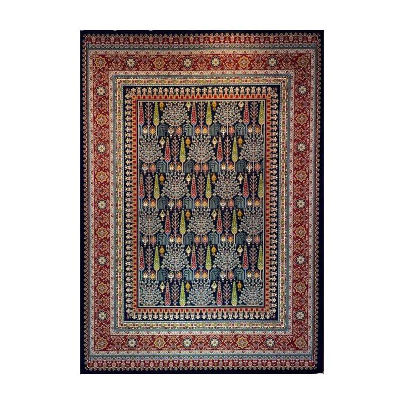 فرش ماشینی 700 شانه زمینه سرمه‌ای حاشیه لاکی مدل آکرولیک قشقایی تراکم 2100 کد 124