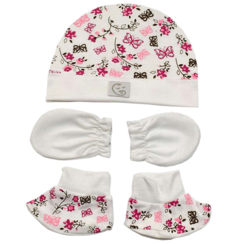 ست کلاه و دستکش و پاپوش نوزادی مدل گل پروانه
