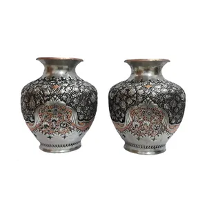 گلدان قلمزنی طرح گل و مرغ دو رنگ کد T-Hz5043 مجموعه دو عددی