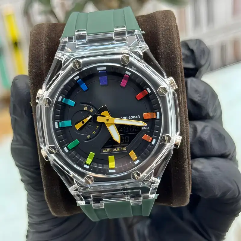 ساعت مچی عقربه ای مدل دو زمانه پمپی قاب شفاف کد s-m