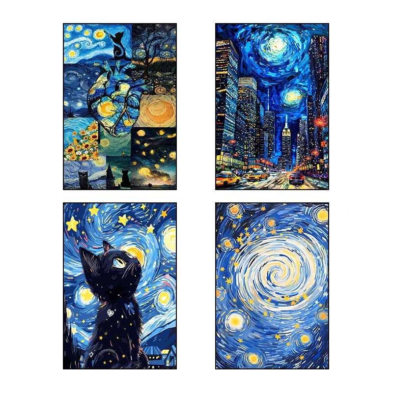 تابلو شاسي کارنيکا طرح شب پرستاره فانتزی ون‌گوگ Fantasy Starry Night Van Gogh کد 82113 مجموعه 4 عددی