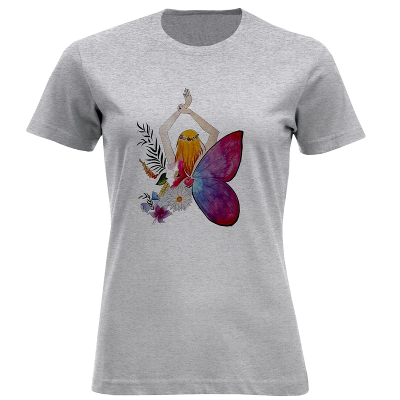 تی شرت آستین کوتاه زنانه مدل پروانه و گل D391