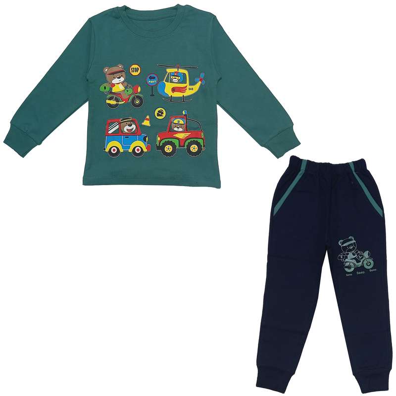 ست تی شرت و شلوار پسرانه مدل خرس و ماشین کد 3479 رنگ سبز