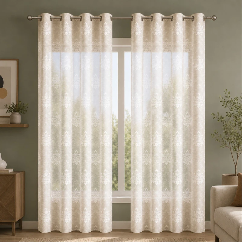پرده پانچ تیکو دکو مدل تور راشل کادکا طرح داماسک دالبوردار سایز 140×280 مجموعه دو عددی 