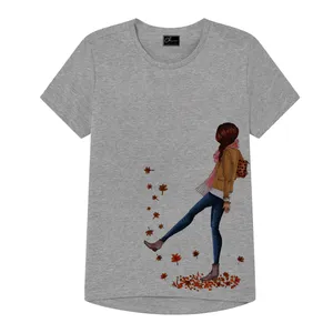 تی شرت دخترانه مدل برگ پاییز کد J13 رنگ طوسی