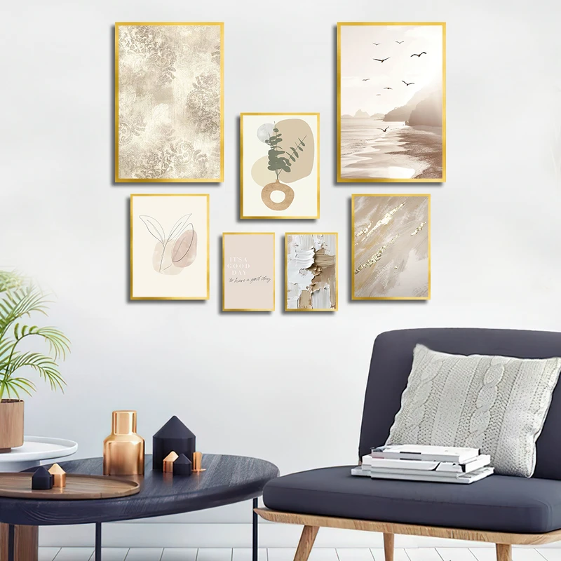 تابلو بکلیت طرح نقاشی مینیمال و دریا و پرنده مدل T-3630 فریم طلایی مجموعه 7 عددی