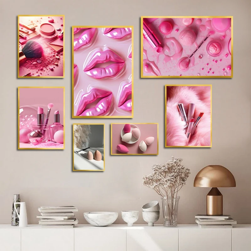 تابلو بکلیت طرح سالن زیبایی و میکاپ مدل شاین اکلیلی T-2958 فریم طلایی مجموعه 7 عددی