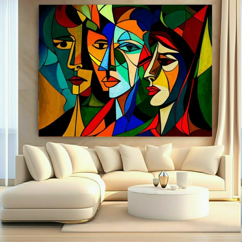 پوستر پارچه ای طرح مخمل کوبیسم چهره مدل رنگارنگ کد FP106603