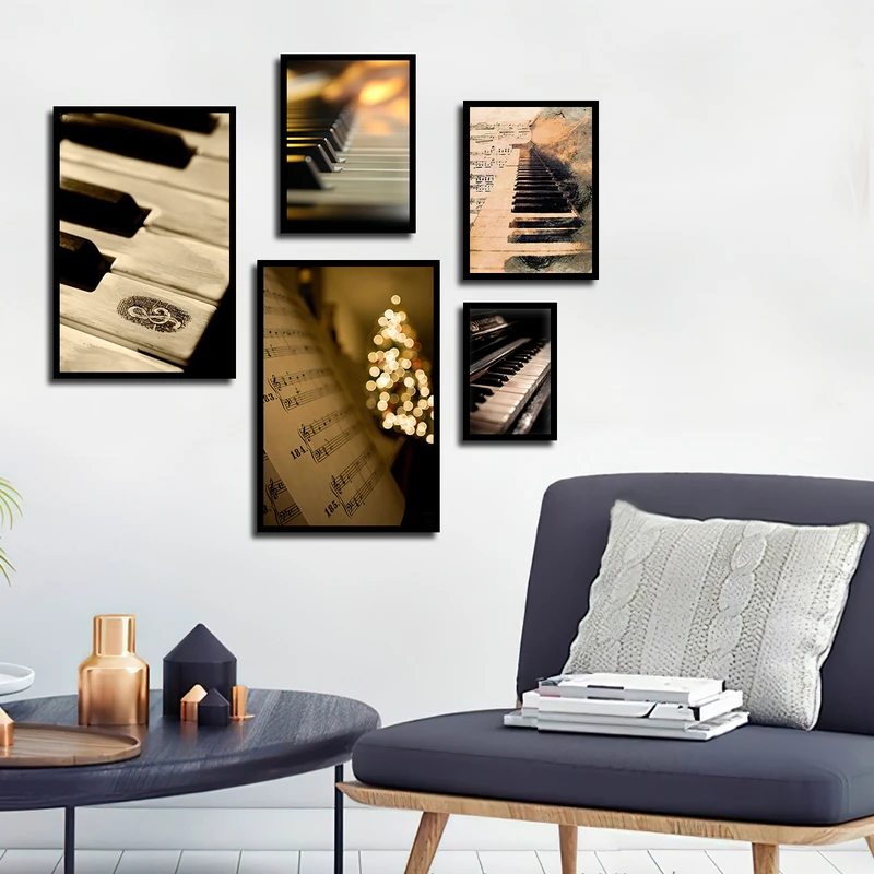 تابلو بکلیت طرح موسیقی و ساز پیانو مدل B-3670 فریم مشکی مجموعه 5 عددی