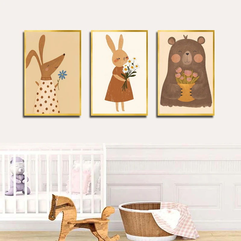 تابلو بکلیت طرح نقاشی فانتزی و خرگوش مدل T-3716 فریم طلایی مجموعه 3 عددی