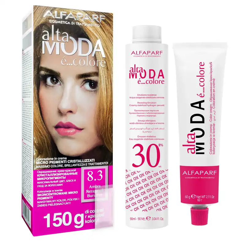 کیت رنگ مو آلتا مودا شماره 8.3 وزن 150 گرم رنگ بلوند طلائی روشن