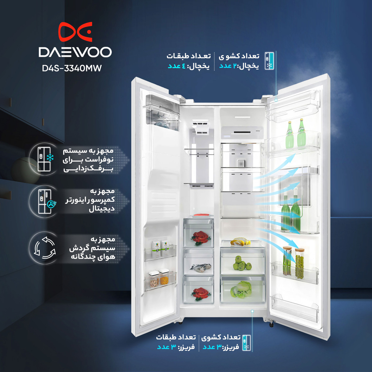 یخچال و فریزر ساید بای ساید 32 فوت دوو مدل DS-3320MW