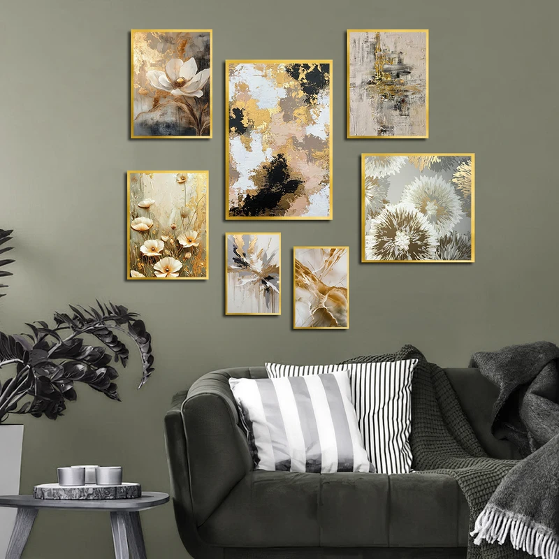 تابلو بکلیت طرح نقاشی ترکیبی آبستره و رنگ روغن گل مدل T-3324 مجموعه 7 عددی