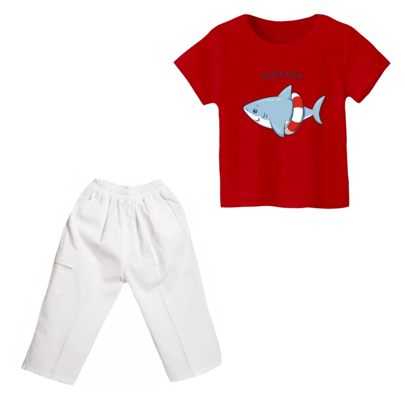 ست تی شرت و شلوارک پسرانه مدل کوسه کد 07