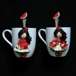 ماگ سرامیکی مدل هندوانه و انار کد L639 به همراه قاشق مجموعه 2 عددی