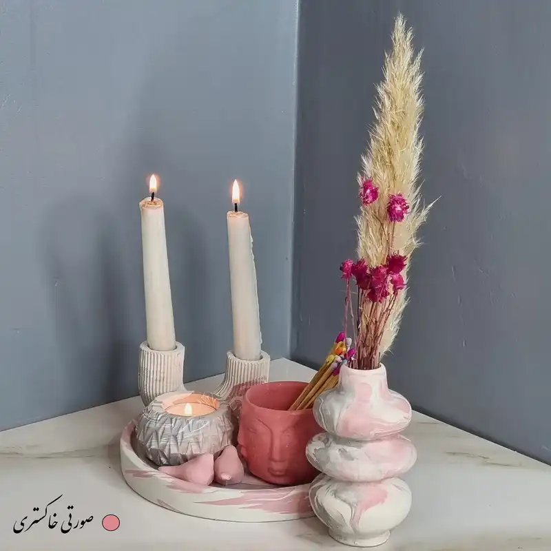 ست 5 تکه جاشمعی و گلدان بتنی طرح آبشاری و چهره مدل دلسا