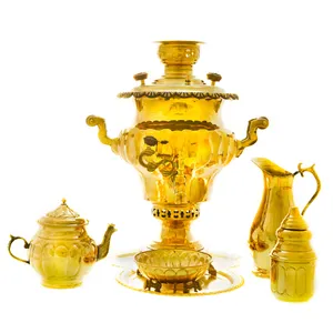 سرویس سماور ذغالی 6 پارچه برنجی مدل میخی ترک دار کد 4469