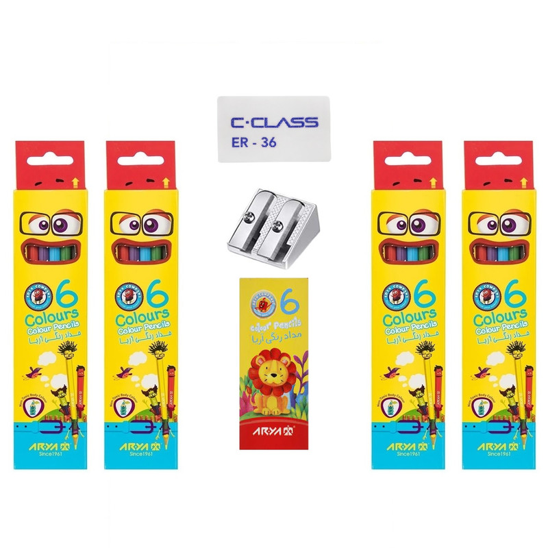 مداد رنگی 6 رنگ آریا مدل پریم به همراه تراش و پاک کن مجموعه 32 عددی