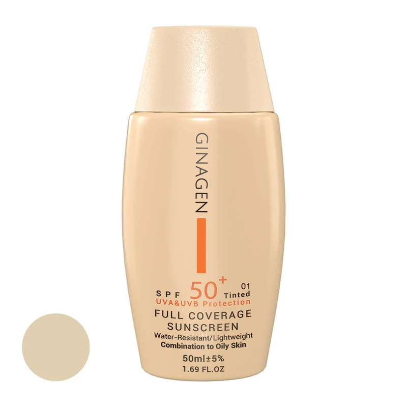 کرم ضد آفتاب رنگی ژیناژن، SPF 50، مدل 01، ‌مناسب پوست‌های چرب و مختلط با تنالیته روشن و حجم 50 میلی‌لیتر، ضد آب، محافظت‌کننده در برابر اشعه‌های UVA و UVB، ضد چروک، ضد لک و پیری، دارای فرمولاسیون مواد و املاح معدنی، با ماندگاری 2 ساعته