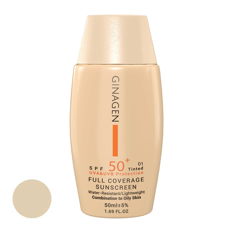 کرم ضد آفتاب رنگی ژیناژن، SPF 50، مدل 01، ‌مناسب پوست‌های چرب و مختلط با تنالیته روشن و حجم 50 میلی‌لیتر، ضد آب، محافظت‌کننده در برابر اشعه‌های UVA و UVB، ضد چروک، ضد لک و پیری، دارای فرمولاسیون مواد و املاح معدنی، با ماندگاری 2 ساعته