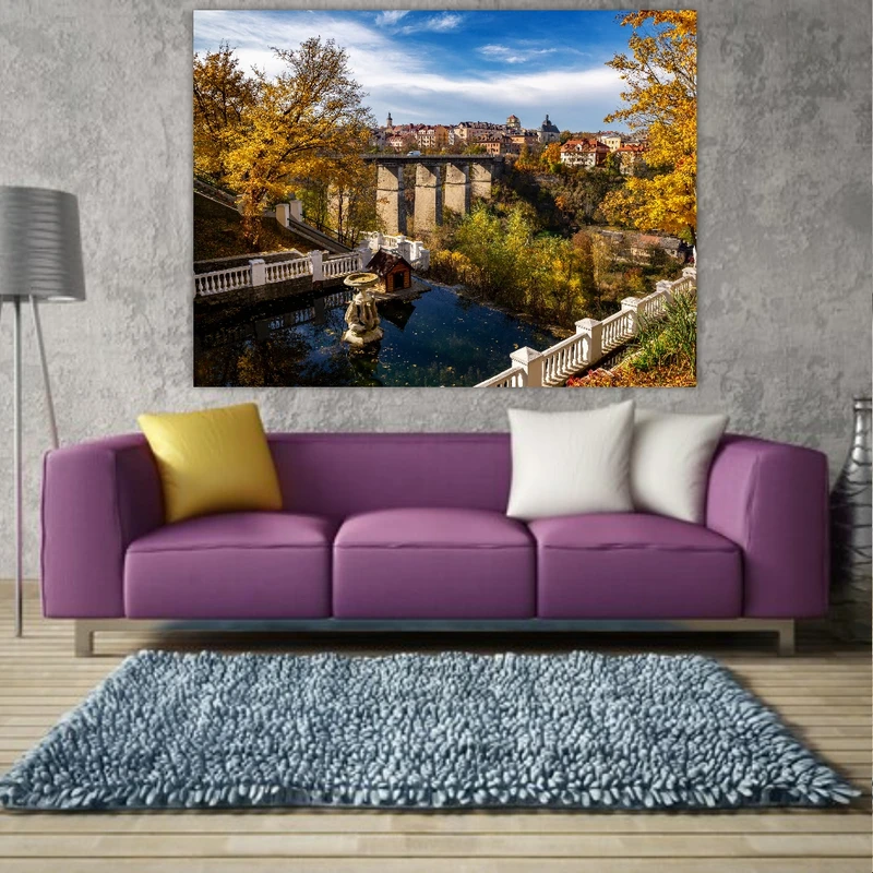 پوستر پارچه ای طرح مخمل شهر پاییزی مدل پل سنگی کد FP104644