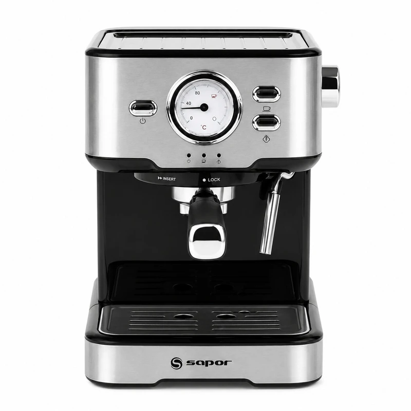 اسپرسوساز ساپر مدل SEM-1211S خانگی، 15 بار فشار بخار، 2 نازل قهوه، ظرفیت مخزن آب 2000 میلی‌لیتر