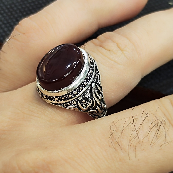انگشتر نقره مردانه مدل سنگ عقیق مدل یا امام رضا کد 22