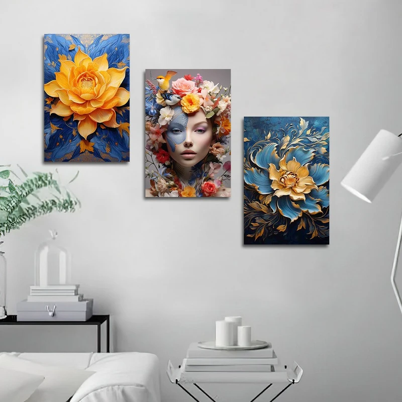 تابلو شاسی بکلیت طرح آرایش چهره و نقاشی گل مدل SH-1392 مجموعه 3 عددی