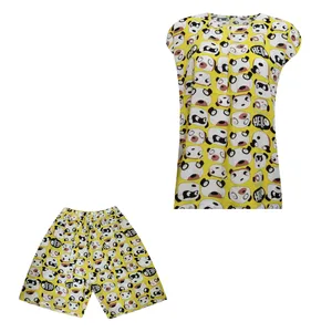 ست تی شرت و شلوارک زنانه مدل نخی HELLO DOG  CAT کد DKCOP 207 رنگ زرد
