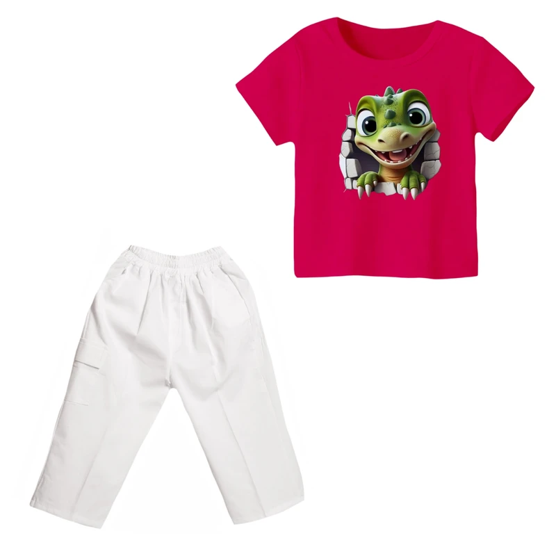 ست تی شرت و شلوارک دخترانه مدل دایناسور کد ۸