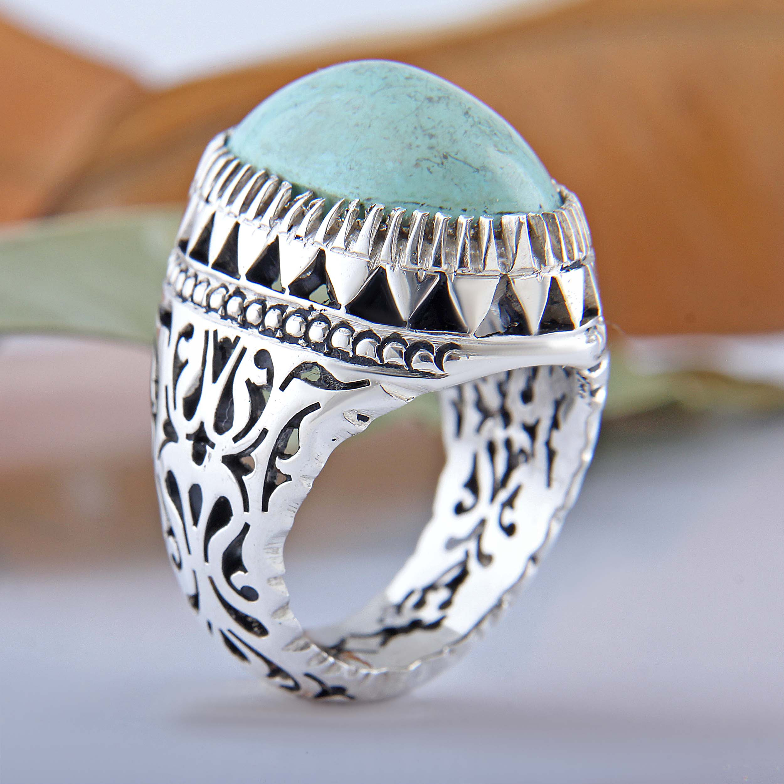 انگشتر نقره مردانه بازرگانی میلادی مدل رکاب دستساز فیروزه طبیعی کد AM_4511