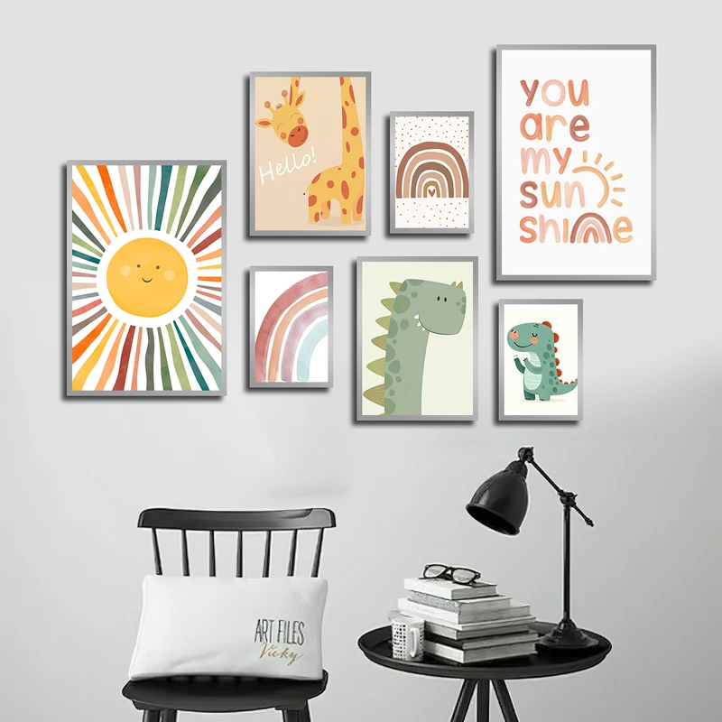 تابلو بکلیت طرح نقاشی کودکانه و خورشید و رنگین کمان مدل SI-3689 فریم نقره ای مجموعه 7 عددی