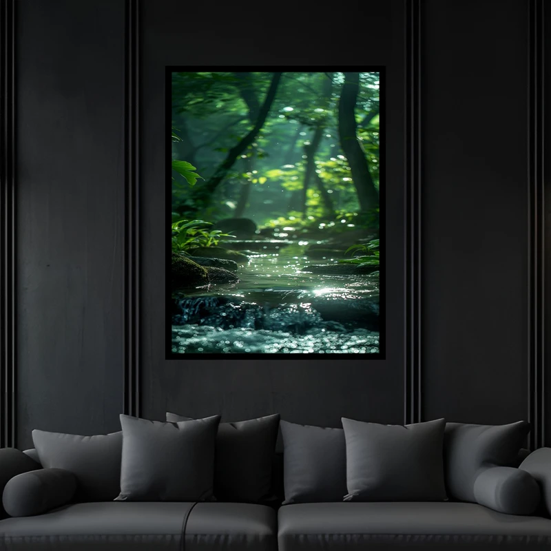 تابلو بکلیت طرح هنری منظره طبیعت و رودخانه و آب مدل B-bu5987 فریم مشکی