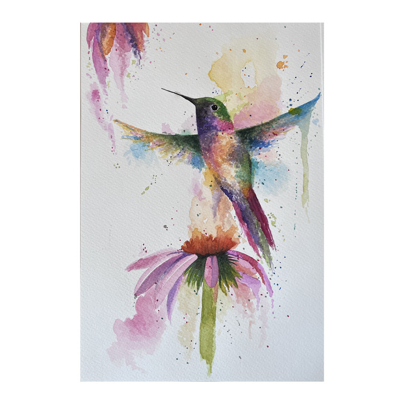 نقاشی آبرنگ طرح پرواز پرنده و گل