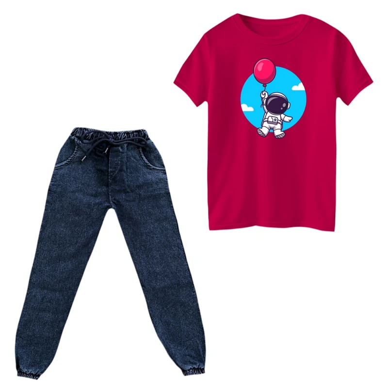ست تی‌شرت و شلوار پسرانه مدل فضانورد کد ۱۱ رنگ سرخابی